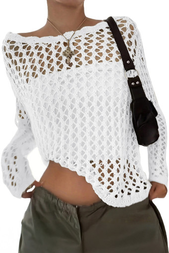 White Women's Loose Casual Hollow Out Sweater, Long Sleeve, Suitable For Autumn Resort,Long Sleeve Tops