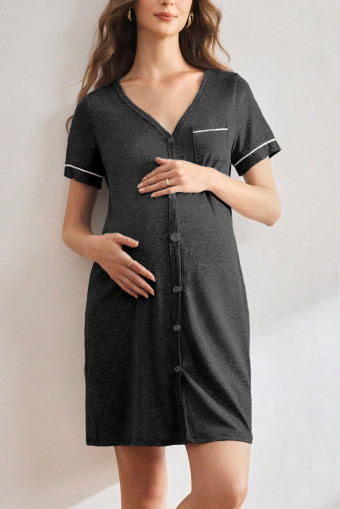 Carbon Grey Maternity Solid Color V-Neck Short Sleeve Pocket Single-Breasted Casual Dress Maternity Sleepwear