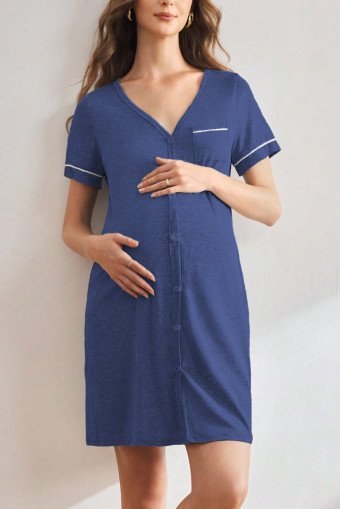 Sail Blue Maternity Solid Color V-Neck Short Sleeve Pocket Single-Breasted Casual Dress Maternity Sleepwear