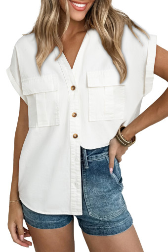 White Denim V Neck Button Down Flap Pocket Short Sleeve Shirt