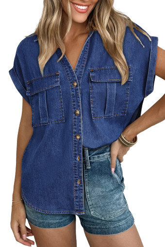 Dark Blue Denim V Neck Button Down Flap Pocket Short Sleeve Shirt