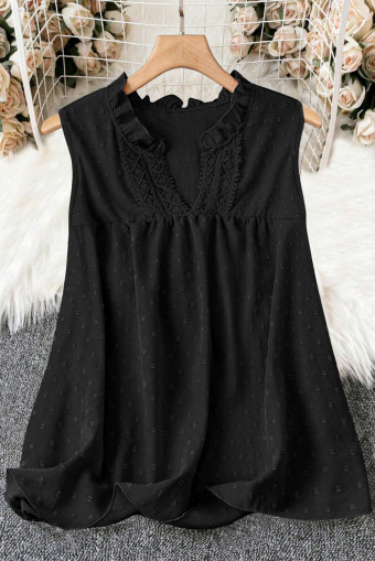 Black Linhara Plus Size Sleeveless Solid Color Notched Neck Casual Shirt For Summer