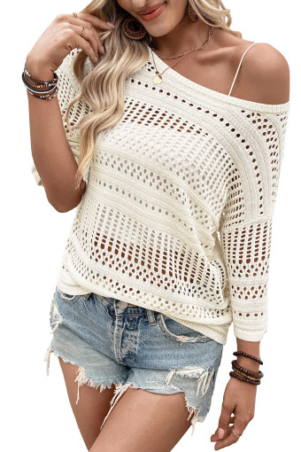 White Boat Neck Hollow Out Knit Loose Half Sleeve Sweater