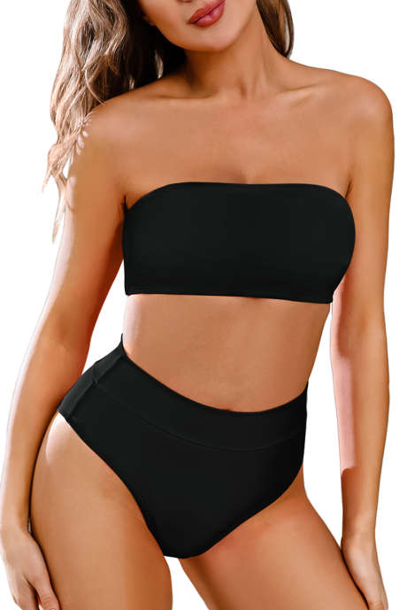 Black Women's Printed Strapless High Waist Bandeau Bikini Set