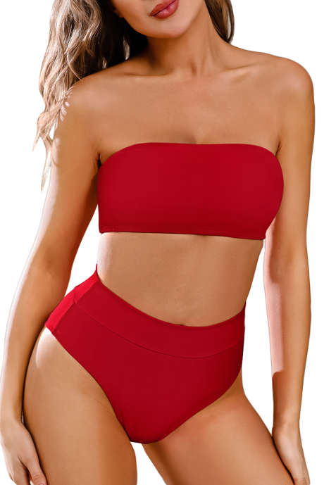 Rose Red Women's Printed Strapless High Waist Bandeau Bikini Set