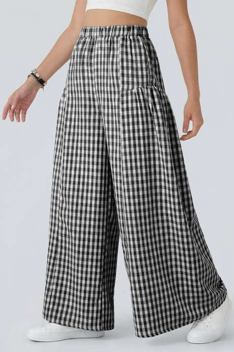 Black Gingham Plaid Elastic Waist Ruched Wide Leg Pants