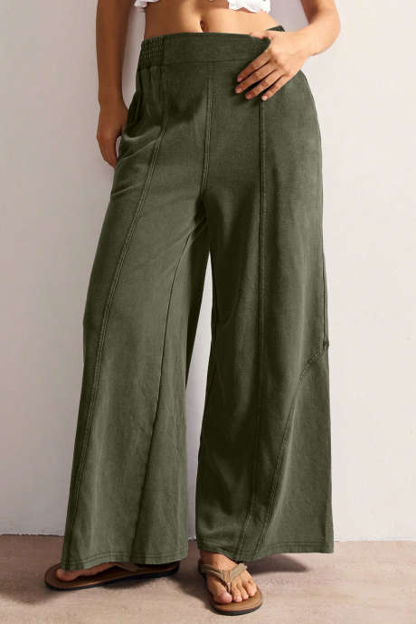 Moss Green Smocked Wide Waistband Seam Detail Wide Leg Pants