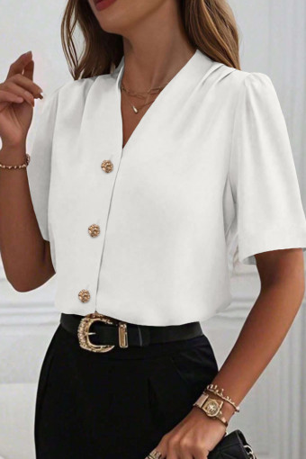 White V Neck Pearl Button Short Sleeve Shift Shirt