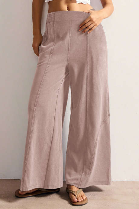 Apricot Pink Smocked Wide Waistband Seam Detail Wide Leg Pants