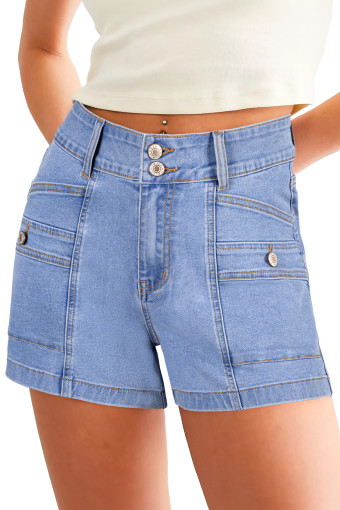 Light Blue Stitched Seam Detail Double Button Jean Shorts