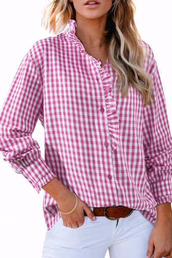 Pink Plaid Print Frilled Detail Button Up Long Sleeve Shirt