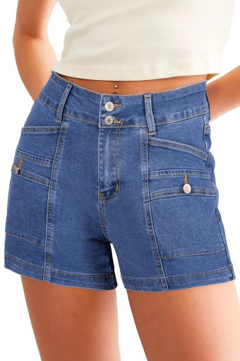 Dark Blue Stitched Seam Detail Double Button Jean Shorts