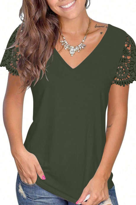 Moss Green EMERY ROSE Maglietta casual da donna con scollo a V, tinta unita, con inserti in pizzo e volant sulle maniche, versatile, taglie comode