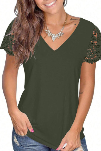 Moss Green EMERY ROSE Maglietta casual da donna con scollo a V, tinta unita, con inserti in pizzo e volant sulle maniche, versatile, taglie comode