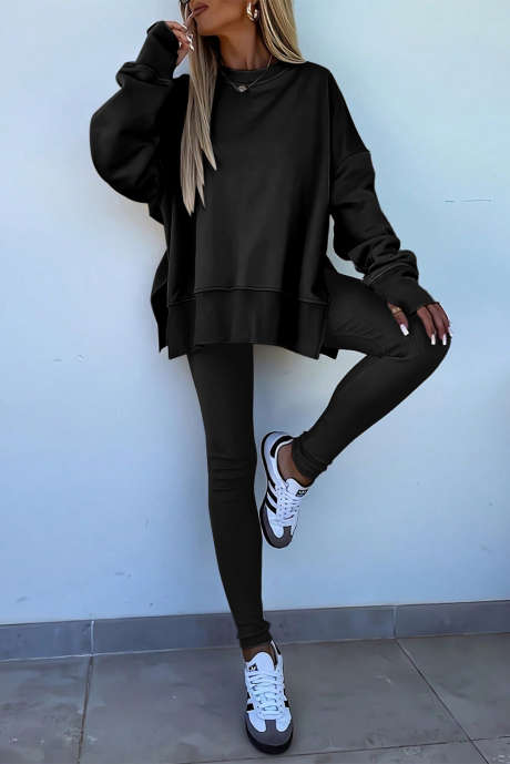 Black Women's Solid Color Long Sleeved Hooded Sweatshirt And Leggings Set - Casual Outdoor Yoga Fitness Two-Piece Set
