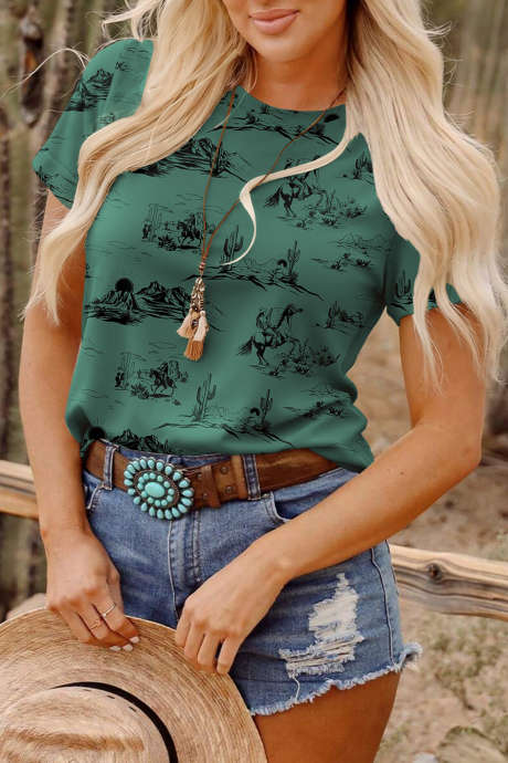 Vineyard Green Western Cowboy Desert Print Casual Crew Neck T Shirt