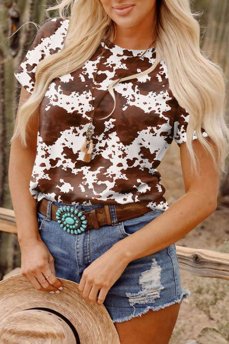 Coffee Western Cowboy Desert Print Casual Crew Neck T Shirt
