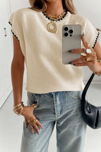 Beige Contrast Scalloped Trim Round Neck Short Sleeve Sweater