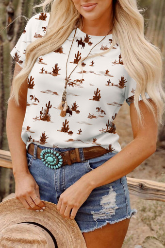 White Western Cowboy Desert Print Casual Crew Neck T Shirt