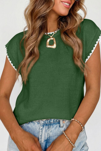 Blackish Green Contrast Scalloped Trim Round Neck Short Sleeve Sweater