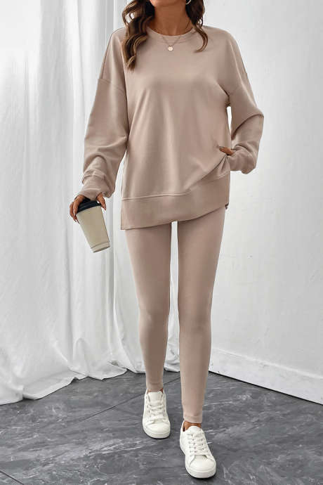 Jet Stream Women's Solid Color Long Sleeved Hooded Sweatshirt And Leggings Set - Casual Outdoor Yoga Fitness Two-Piece Set