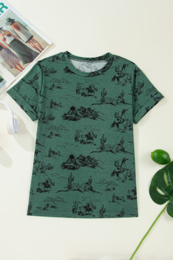 Vineyard Green Western Cowboy Desert Print Casual Crew Neck T Shirt