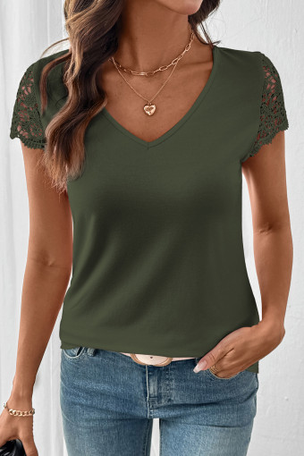 Moss Green EMERY ROSE Maglietta casual da donna con scollo a V, tinta unita, con inserti in pizzo e volant sulle maniche, versatile, taglie comode