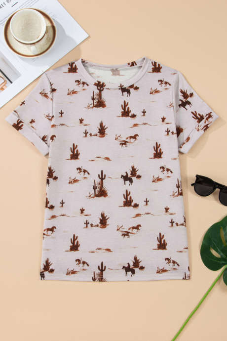 High-rise Western Cowboy Desert Print Casual Crew Neck T Shirt