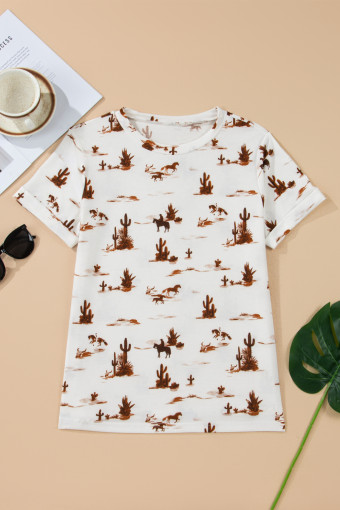 White Western Cowboy Desert Print Casual Crew Neck T Shirt