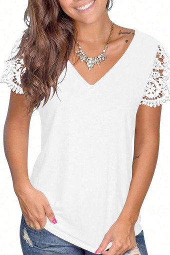 White EMERY ROSE Maglietta casual da donna con scollo a V, tinta unita, con inserti in pizzo e volant sulle maniche, versatile, taglie comode
