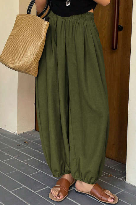 Blackish Green Women's Solid Color Wide Leg 3/4 Pants, Casual And Relaxed Style For Summer