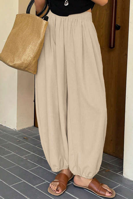 Oatmeal Women's Solid Color Wide Leg 3/4 Pants, Casual And Relaxed Style For Summer