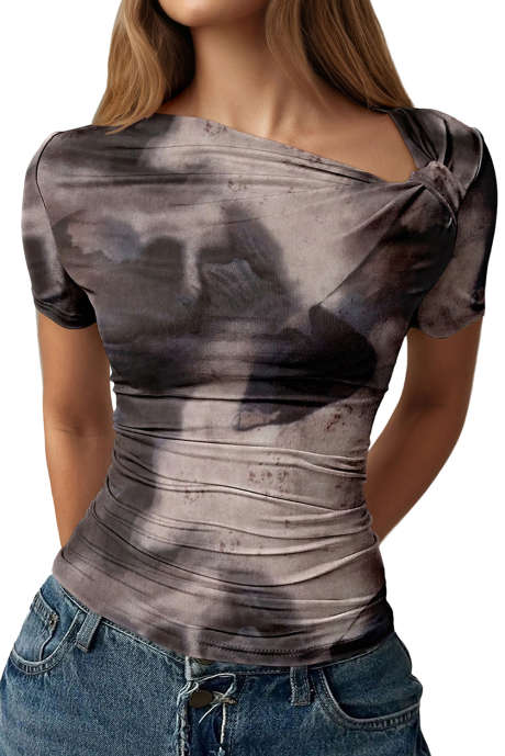 Gray Siren Gaze Women Casual Elegant Asymmetric Collar Ruched Fitted Short Sleeve T-Shirt, Floral Print, Suitable For Summer Suitable For Going Out