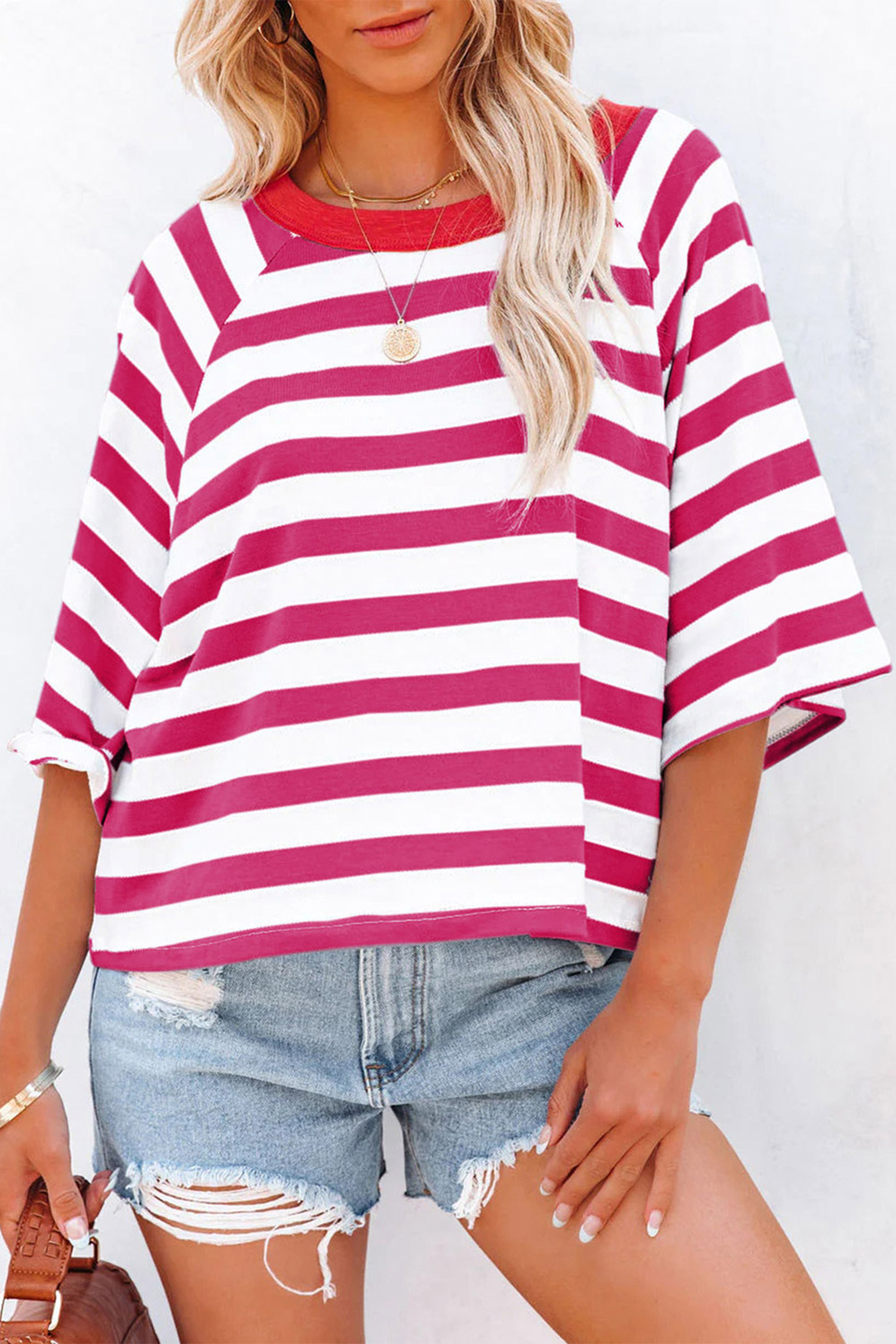 Rose Mid Raglan Sleeve Contrast Round Neck Top