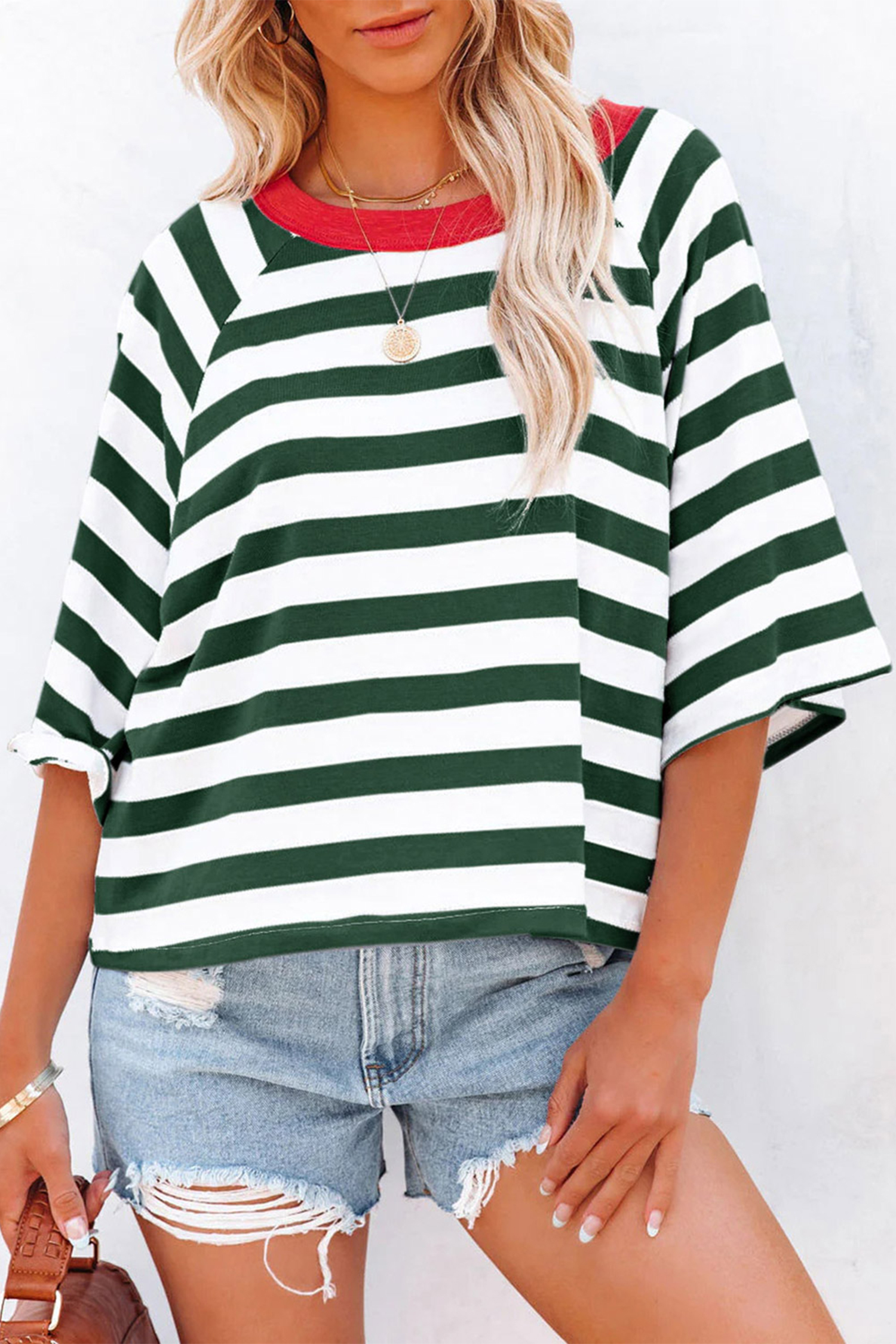 Green Stripe Mid Raglan Sleeve Contrast Round Neck Top
