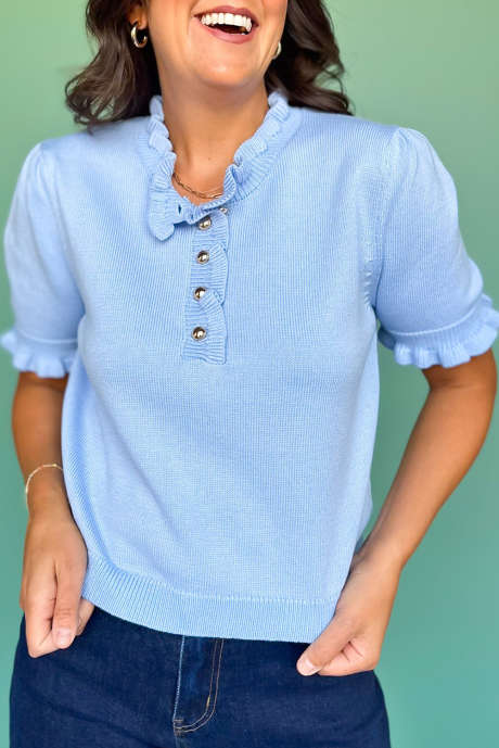 Sky Blue Solid Color Knit Half Button Frilled Trim Short Sleeve Sweater