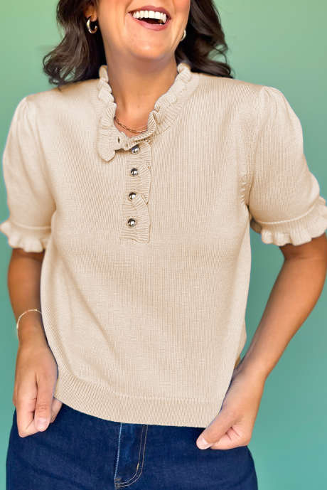 Apricot Solid Color Knit Half Button Frilled Trim Short Sleeve Sweater