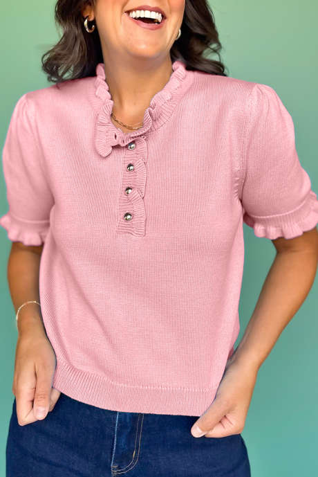 Gossamer Pink Solid Color Knit Half Button Frilled Trim Short Sleeve Sweater