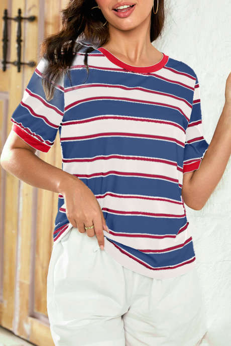 Red Stripe Round Neck Short Sleeve Tee