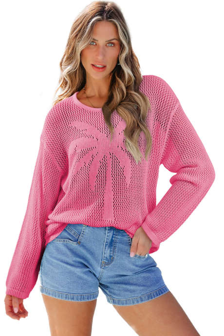 Rose Red Coconut Tree Pattern Crochet long Sleeve Knit Cover up