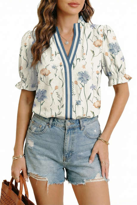 Sky Blue Floral Print Striped Contrast V Neck Frilly Smocked Trim Short Sleeve Blouse