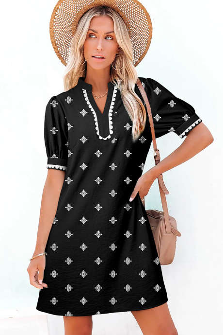 Black Floral Print Ricrac Trim Patchwork Split Neck Puff Sleeve Mini Dress