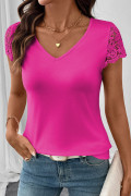Rose Red EMERY ROSE Maglietta casual da donna con scollo a V, tinta unita, con inserti in pizzo e volant sulle maniche, versatile, taglie comode