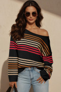 Black Raw Seam Round Neck Drop Shoulder Sweater