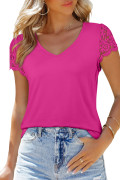 Rose Red EMERY ROSE Maglietta casual da donna con scollo a V, tinta unita, con inserti in pizzo e volant sulle maniche, versatile, taglie comode