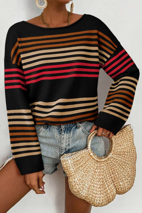 Black Raw Seam Round Neck Drop Shoulder Sweater