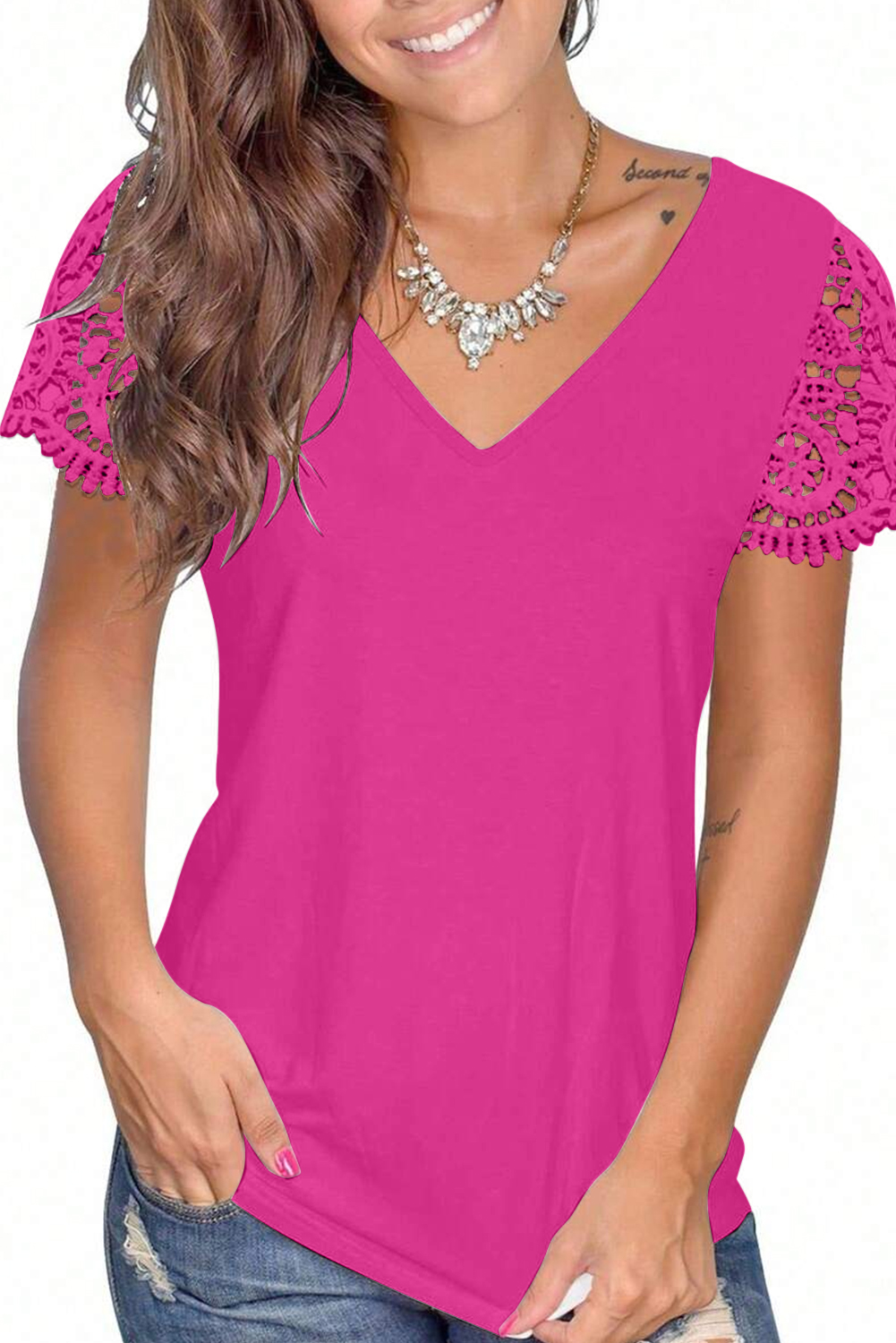 Rose Red EMERY ROSE Maglietta casual da donna con scollo a V, tinta unita, con inserti in pizzo e volant sulle maniche, versatile, taglie comode