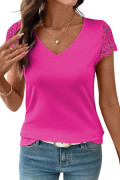 Rose Red EMERY ROSE Maglietta casual da donna con scollo a V, tinta unita, con inserti in pizzo e volant sulle maniche, versatile, taglie comode