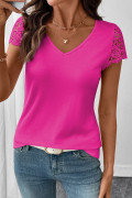 Rose Red EMERY ROSE Maglietta casual da donna con scollo a V, tinta unita, con inserti in pizzo e volant sulle maniche, versatile, taglie comode