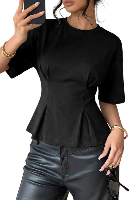 Black Peplum T-Shirt With Cinched Waist And Three Quarter Sleeves For Casual Office Wear